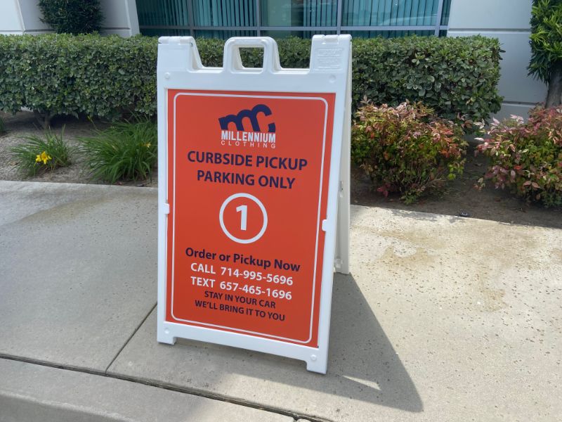 A-frame sidewalk signs for curbside pickup in Buena Park CA