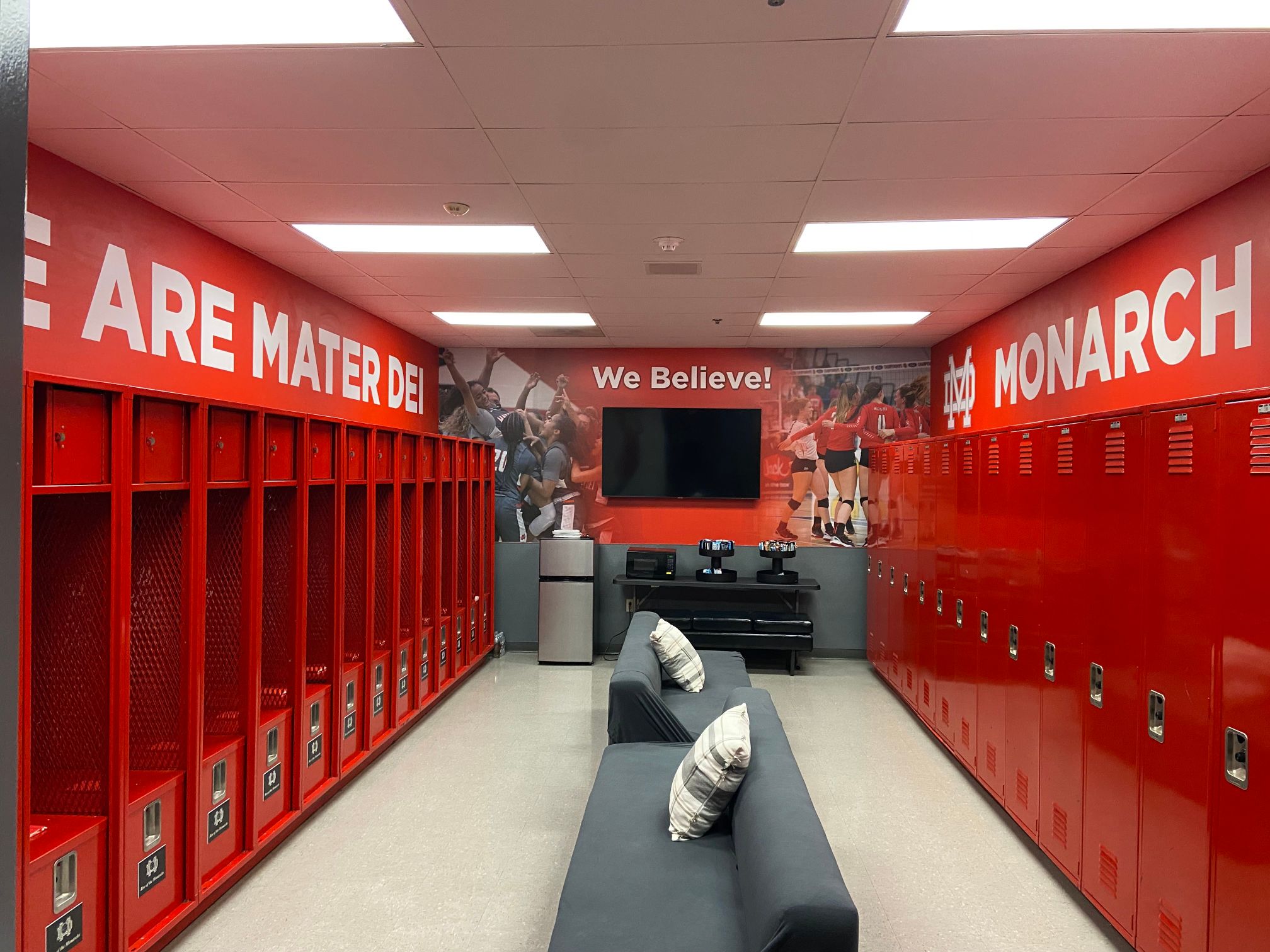 Girls' basketball team room wall wraps at Mater Dei High School in Santa Ana
