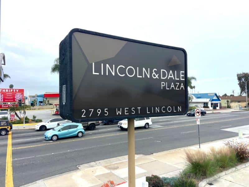 New translucent pylon sign faces at Lincoln and Dale Plaza in Anaheim