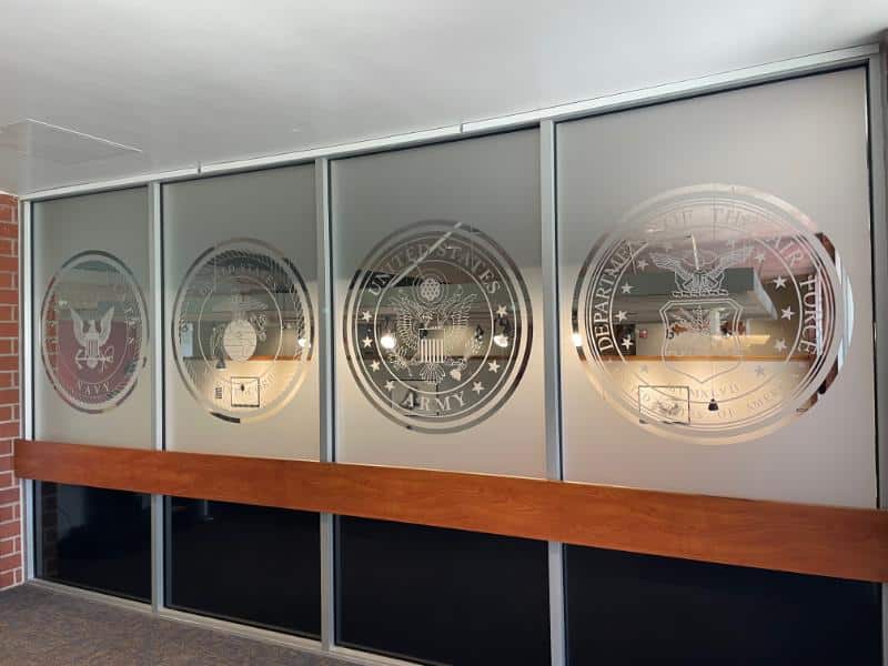 Frosted glass armed forces tribute at Biola University in La Mirada