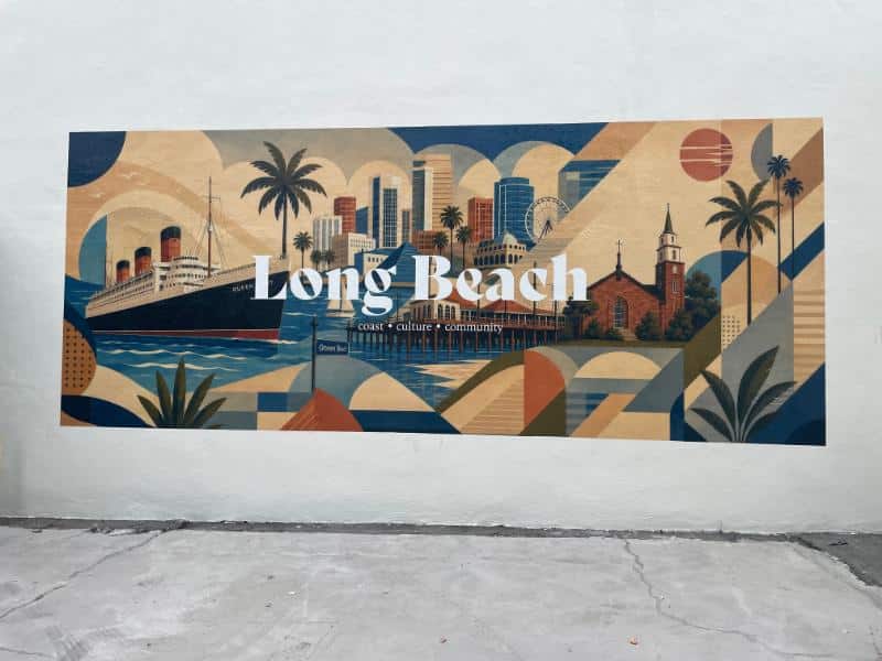 Custom wall mural of Long Beach landmarks at Freedom City Church